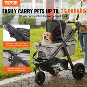 VEVOR Pet Stroller, 3 Wheels with Brakes, Detachable Carrier, 75 lbs Weight Capacity