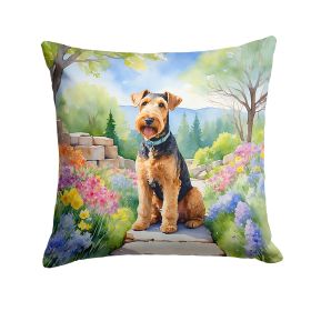 Airedale Terrier Throw Pillow Machine Washable, Indoor Outdoor Decorative Pillow for Couch, Bed or Patio, 18Hx18W - Spring Garden