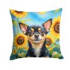 Chihuahua Throw Pillow Machine Washable, Indoor Outdoor Decorative Pillow for Couch, Bed or Patio, 18Hx18W - Sunflowers
