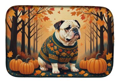 White English Bulldog Kitchen Counter Dish Drying Mat 14" x 22" - Fall