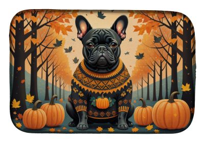 Black French Bulldog Kitchen Counter Dish Drying Mat 14" x 22" - Fall
