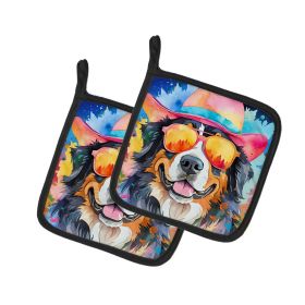 Bernese Mountain Dog Hippie Dawg Pair of Pot Holders Kitchen Heat Resistant Pot Holders Sets Oven Hot Pads for Cooking Baking BBQ, 7 1/2 x 7 1/2