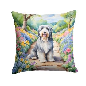 Bearded Collie Throw Pillow Machine Washable, Indoor Outdoor Decorative Pillow for Couch, Bed or Patio, 14Hx14W - Spring Garden