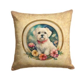 Maltese Throw Pillow Machine Washable, Indoor Outdoor Decorative Pillow for Couch, Bed or Patio, 14Hx14W - Flowers