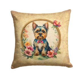 Yorkshire Terrier Throw Pillow Machine Washable, Indoor Outdoor Decorative Pillow for Couch, Bed or Patio, 14Hx14W - Flowers