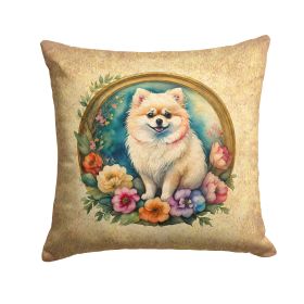 Pomeranian Throw Pillow Machine Washable, Indoor Outdoor Decorative Pillow for Couch, Bed or Patio, 14Hx14W - Flowers