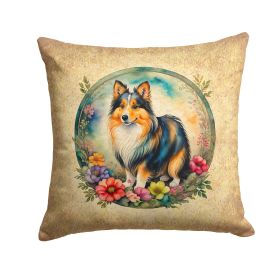 Sheltie Throw Pillow Machine Washable, Indoor Outdoor Decorative Pillow for Couch, Bed or Patio, 14Hx14W - Flowers