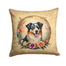 Australian Shepherd Throw Pillow Machine Washable, Indoor Outdoor Decorative Pillow for Couch, Bed or Patio, 14Hx14W - Flowers