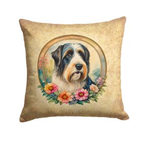 Bearded Collie Throw Pillow Machine Washable, Indoor Outdoor Decorative Pillow for Couch, Bed or Patio, 14Hx14W - Flowers