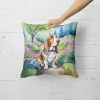 Basset Hound Throw Pillow Machine Washable, Indoor Outdoor Decorative Pillow for Couch, Bed or Patio, 18Hx18W - Spring Garden