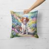 Brittany Spaniel Spring Path Throw Pillow Machine Washable, Indoor Outdoor Decorative Pillow for Couch, Bed or Patio, 18Hx18W