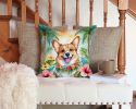Corgi Throw Pillow Machine Washable, Indoor Outdoor Decorative Pillow for Couch, Bed or Patio, 14Hx14W - Luau