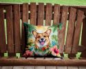 Corgi Throw Pillow Machine Washable, Indoor Outdoor Decorative Pillow for Couch, Bed or Patio, 14Hx14W - Luau