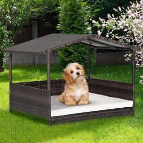 Wicker Dog House with Canopy, Indoor Outdoor with Weatherproof Roof (Color: White)