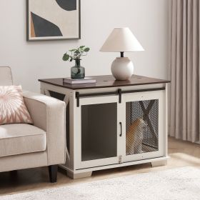Farmhouse Wooden Dog Kennel Furniture with Sliding Barn Door End Table with Flip-top Plate Detachable Divider for Small/Medium/Large Dog White (Color: White, Material: MDF+Metal)